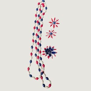 Vintage Red White Blue Patriotic Jewelry Set Necklace Enamel Flower Brooch Clip